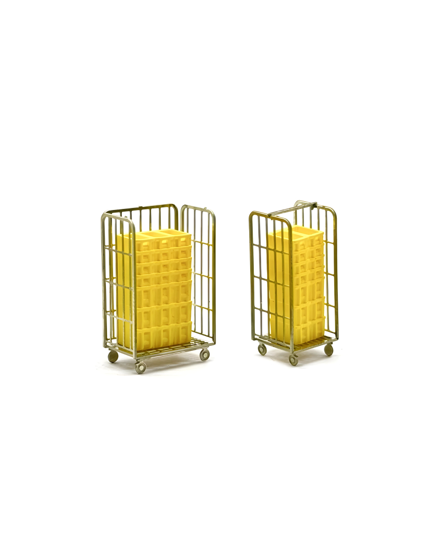 2 parcel trolleys with yellow post containers