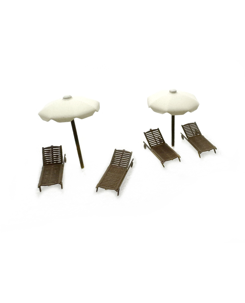 Wooden lounge chairs and parasol