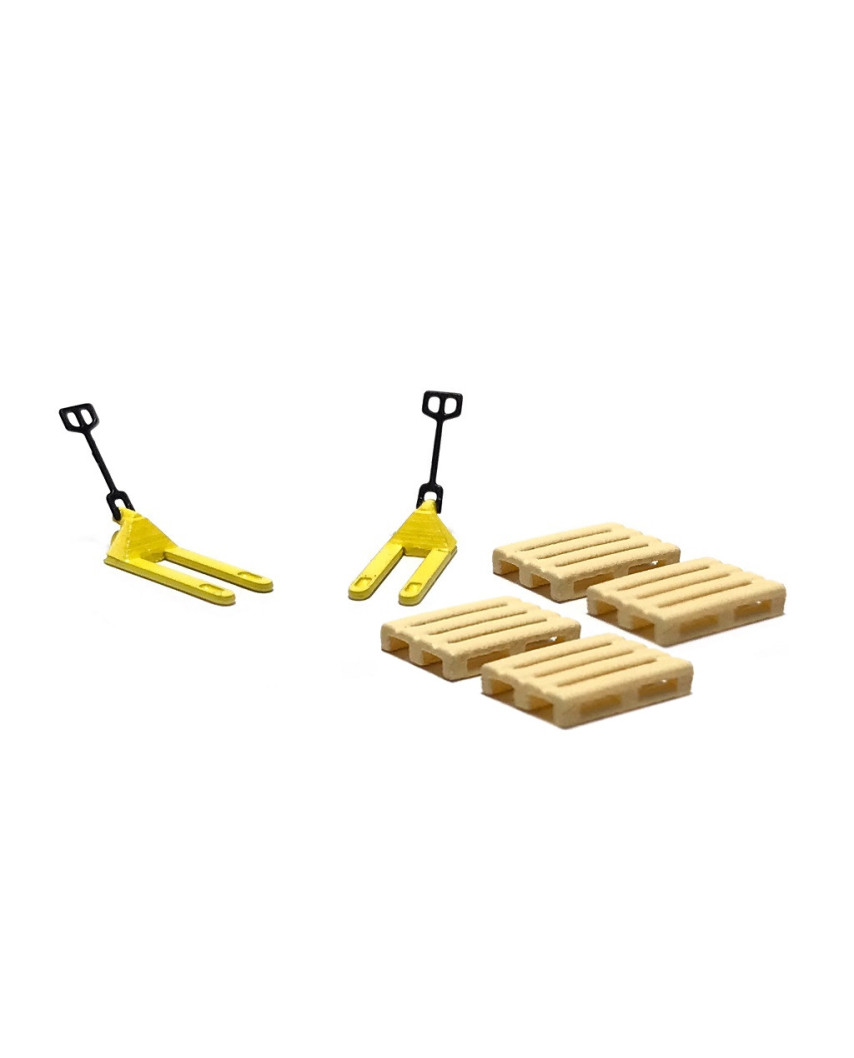 2 yellow pallet jacks and 4 pallets