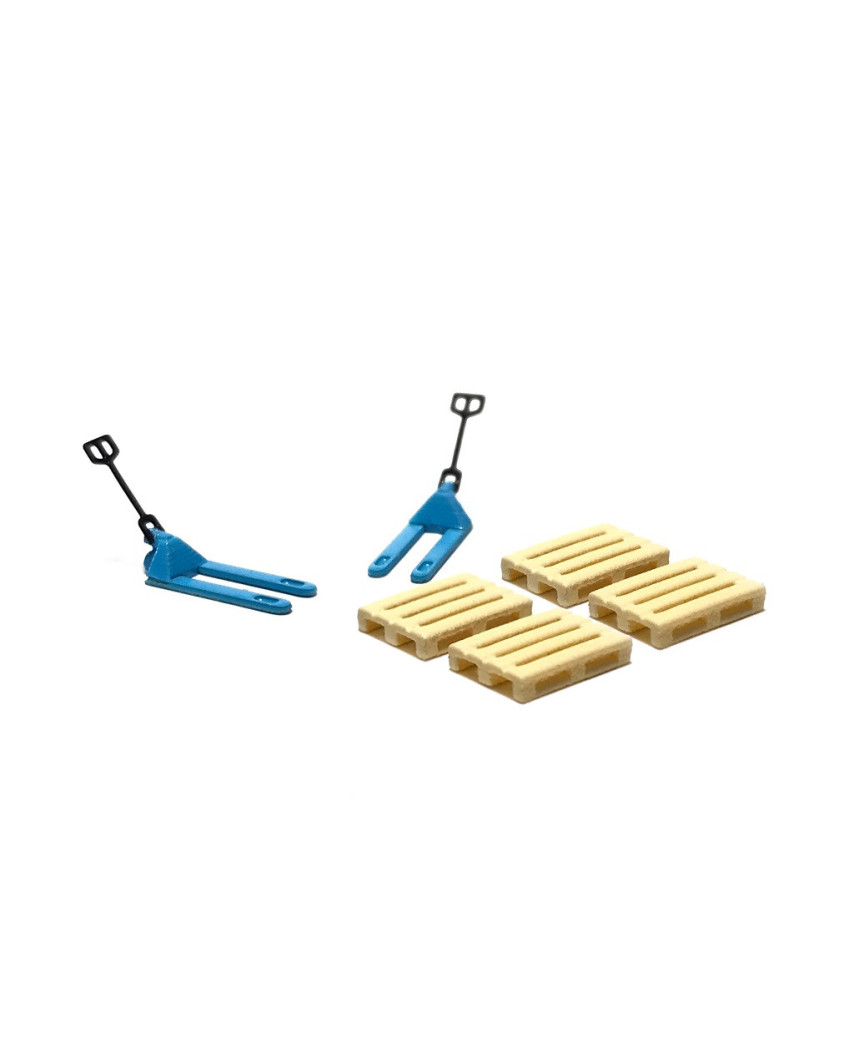 2 blue pallet jacks and 4 europallets