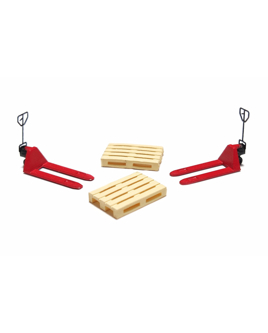 2 red pallet jacks and 2 europallets