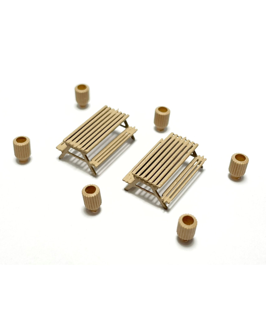 6 wooden bins and 2 picnic tables